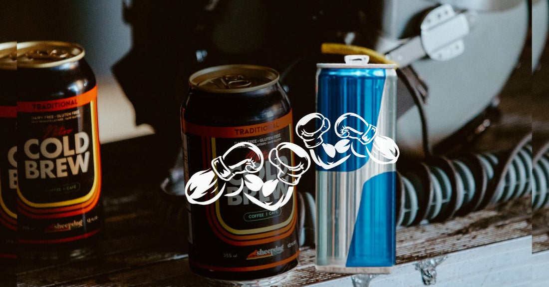 Can of Cold brew boxing against an Energy Drink can